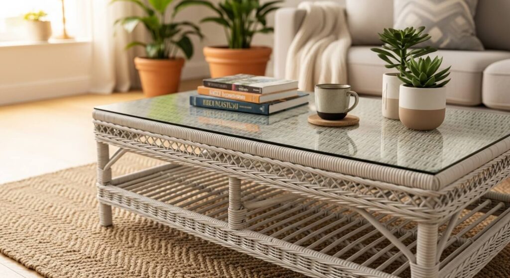 Elegant Aesthetic Appeal - glass top wicker table
