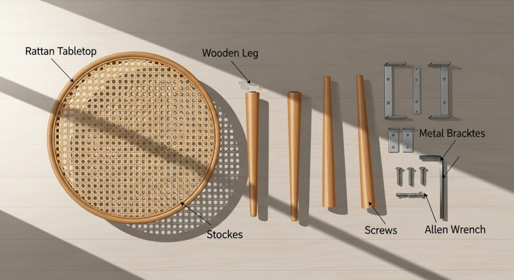 Step-by-step assembly manual for rattan coffee table with glass top - Unpack and check all components
