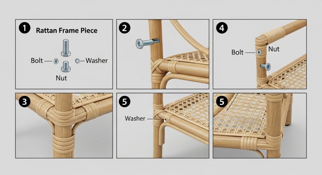 Step-by-step assembly manual for rattan coffee table with glass top - Assemble the base frame